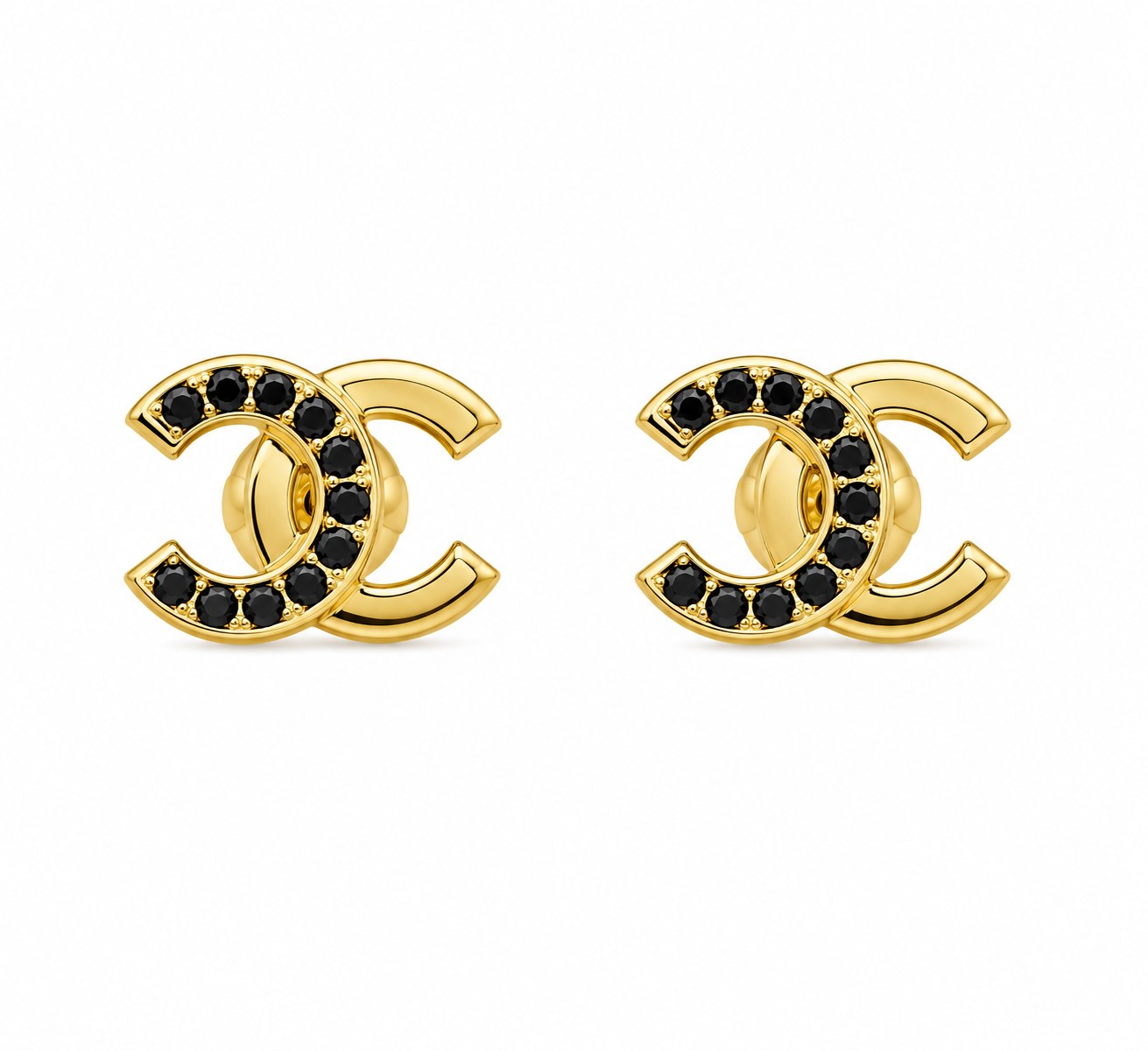 Aretes Chanel c/zirconia negro en oro de 10 quilates