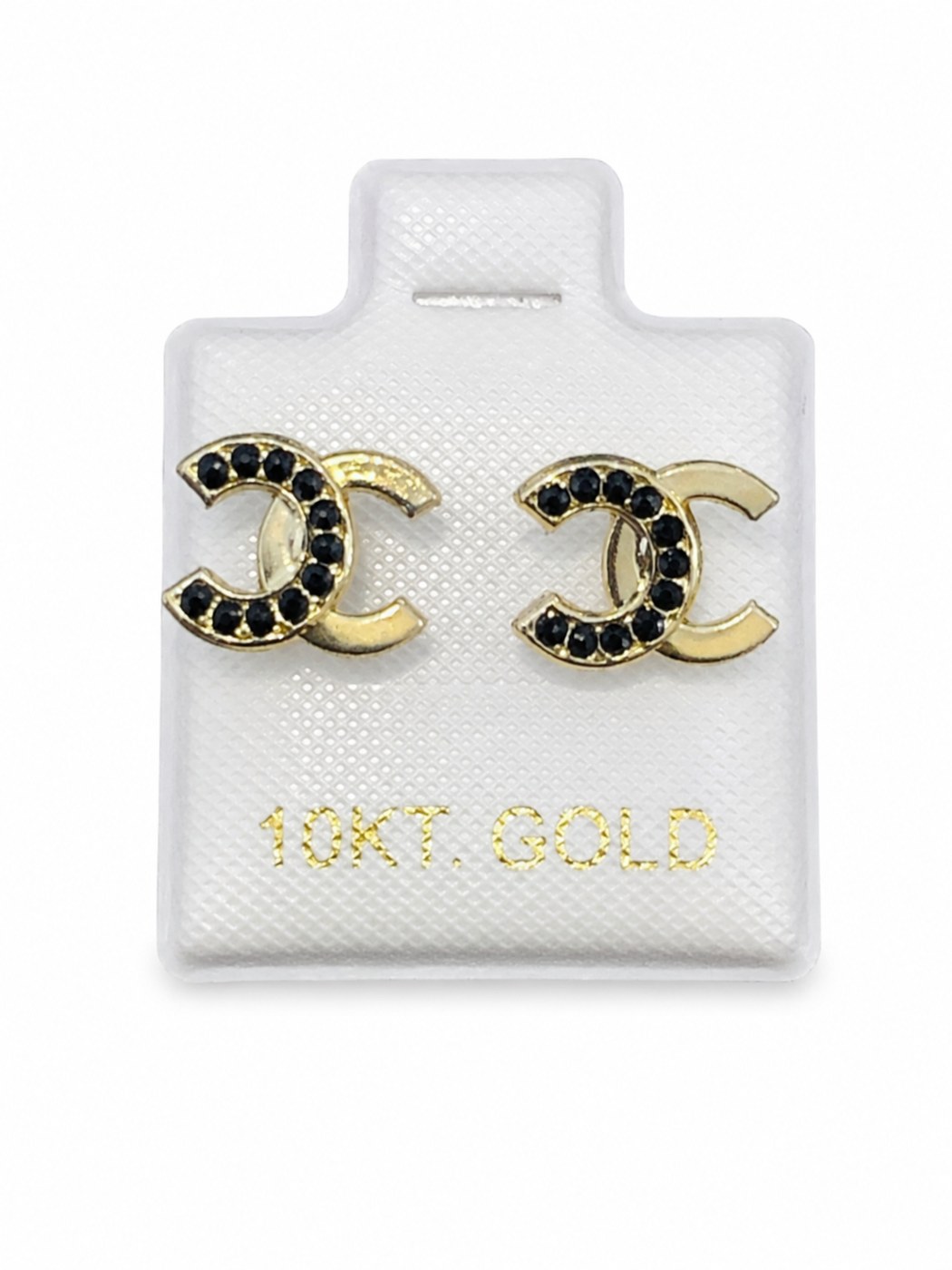 Aretes Chanel c/zirconia negro en oro de 10 quilates