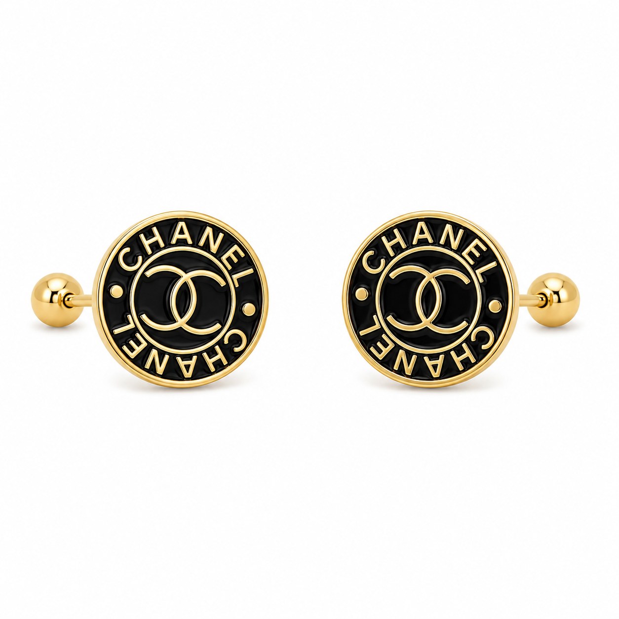 Aretes Chanel circulo negro en oro de 10 quilates