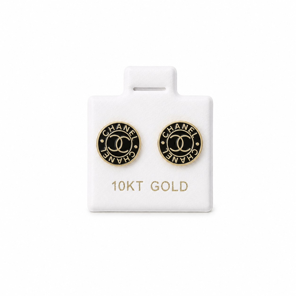 Aretes Chanel circulo negro en oro de 10 quilates