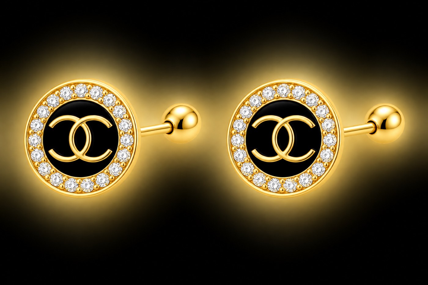 Aretes Chanel negro c/zirconia en oro de 10 quilates
