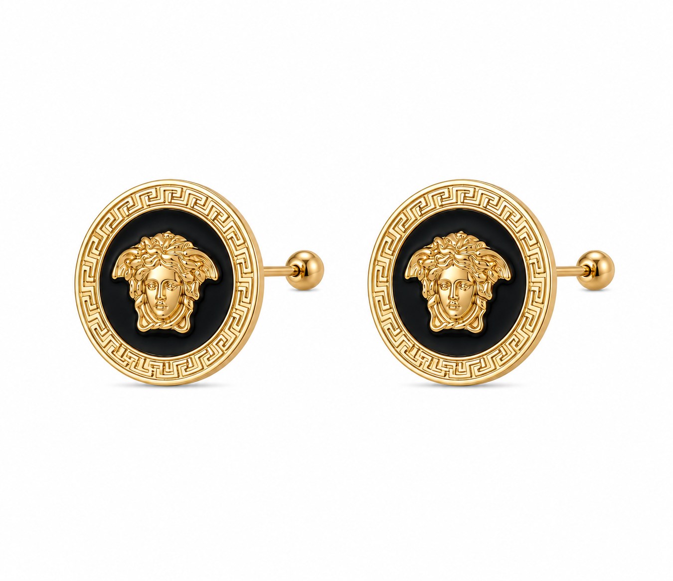 Aretes versace negro c/diseño en oro de 10 quilates