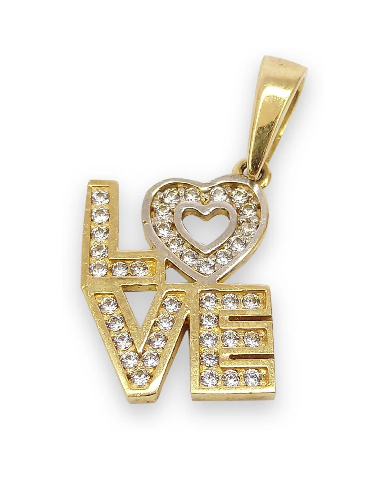 Dije LOVE con zirconias en oro 10K, Omorfia