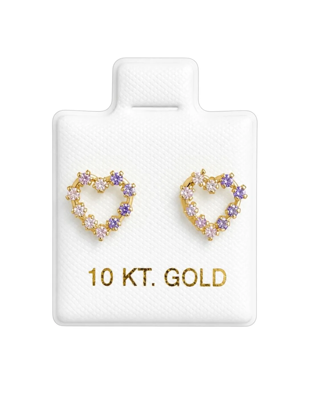 Aretes Corazón borde zicronia morado y blanco en oro de 10 quilates